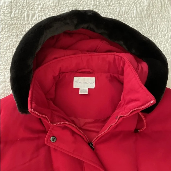 Worthington Womens Down Winter Heavy Coat Parka Faux Fur Trim Hood Red Sz 2X - Picture 5 of 16